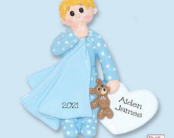 Little Boy Toddler with Blanket RESIN Personalized Christmas Ornament