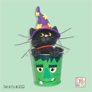Halloween Black Cat  in Frankenstein Tin Bucket HANDMADE POLYMER CLAY  Halloween Figurine Decoration