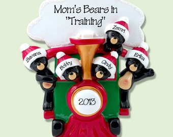 BLACK BEARS in Train Personalized Family Ornament of 5 Hand Painted RESIN