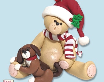 Belly Bear w/ PUPPY DOG Personalized Christmas Ornament - Handmade Polymer Clay