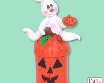 Jack-O-Lantern Jar with Boo Ghost on Top  POLYMER CLAY Halloween Decor