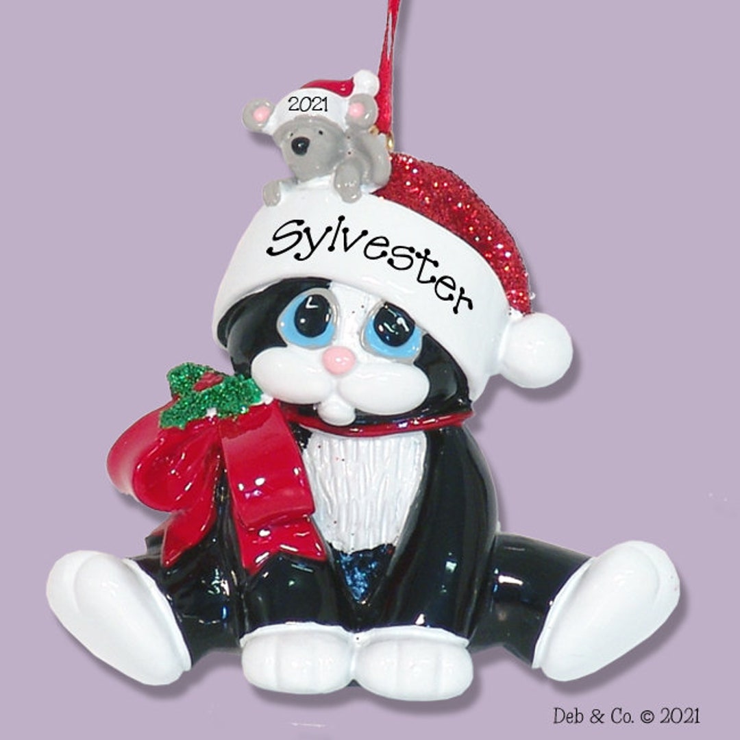 Tuxedo Black & White Christmas KITTY CAT With Mouse Personalized ...