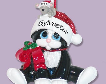 Tuxedo Black & White Christmas KITTY CAT with Mouse Personalized Christmas Ornament / Personalized Cat Ornament