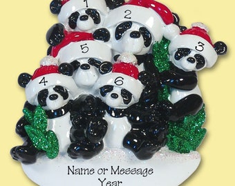 Panda Bear Family of 6 HAND PAINTED RESIN Personalized Christmas Ornament