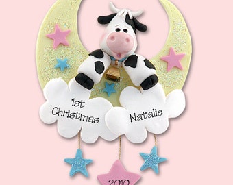 Baby's First Christmas Personalized Baby Ornament,  Cow in Moon Personalized Christmas Ornaments, HANDMADE Polymer Clay Ornaments