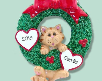 Orange Tabby Christmas KITTY CAT in Wreath Personalized Christmas Ornament / Personalized Cat Ornament