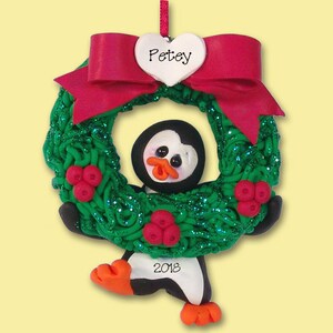 Personalized  Penguin Ornament,  Penguin with Wreath, Personalized Christmas Ornament, HANDMADE POLYMER Clay Ornament, Custom Ornaments