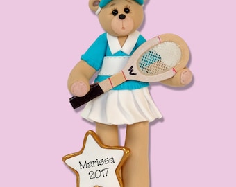 Belly Bear Girl TENNIS PLAYER Handmade Polymer Clay Personalized Christmas Ornament
