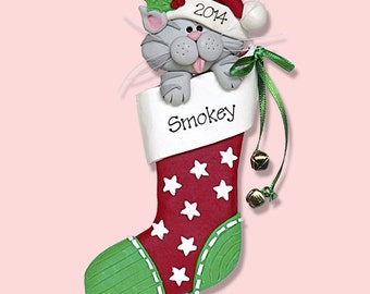 Gray Tabby Christmas KITTY CAT in Stocking HANDMADE Polymer Clay Personalized Christmas Ornament