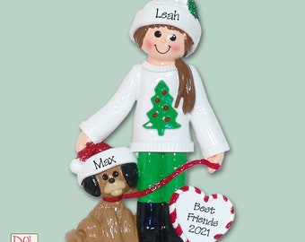 Girl in Christmas Sweater with Dog Personalized Christmas Ornament - RESIN