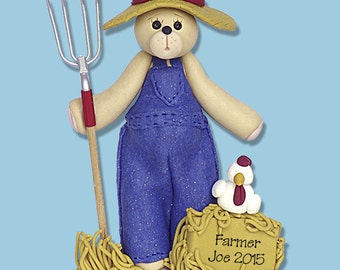 Belly Bear Farmer Personalized Christmas Ornament Handmade Polymer Clay