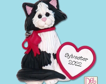 Black & White Tuxedo KITTY CATwith Heart HANDMADE Polymer Clay Personalized Christmas Ornament