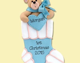 Baby Boy's Christmas Handmade Personalized Baby Stocking Ornament  - HANDMADE Polymer Clay Ornament