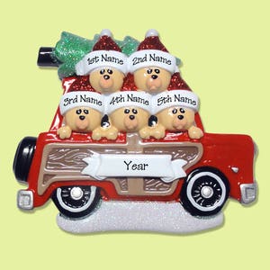 Belly Bear Family of 5 in Woody Wagon - Hand Painted RESIN Personalized Christmas Ornament