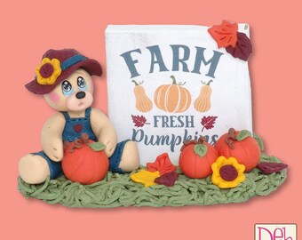 Paulie's Farm Fresh Pumpkins -Handmade Polymer Clay Collectible Bear Figurine for Fall Decor or Tiered Tray