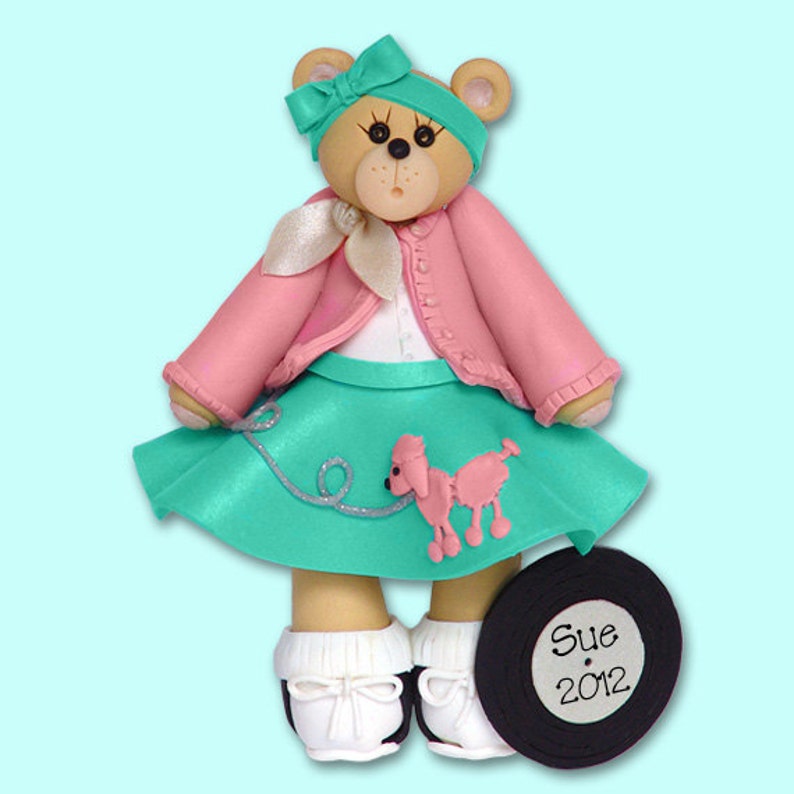 BELLY BEAR 50's Girl Handmade Polymer Clay Personalized Christmas Ornament image 1