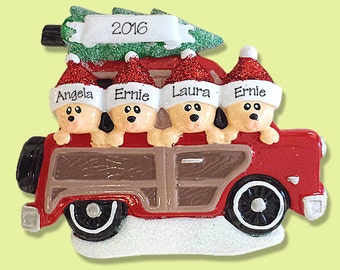 Belly Bear Family of 4 in Woody Wagon Hand Painted RESIN Personalized Christmas Ornament