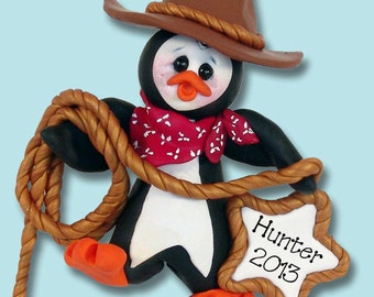 Petey Penguin Cowboy HANDMADE POLYMER Clay Ornament - Limited Edition - Personalized Christmas Ornament