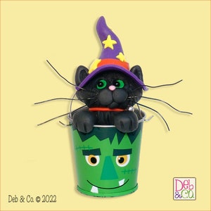Halloween Black Cat  in Frankenstein Tin Bucket HANDMADE POLYMER CLAY  Halloween Figurine Decoration