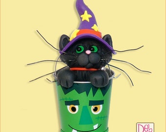 Halloween Black Cat  in Frankenstein Tin Bucket HANDMADE POLYMER CLAY  Halloween Figurine Decoration