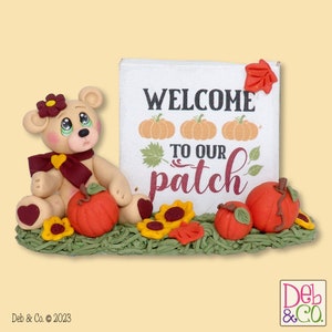 Penelope&#39;s Pumpkin Patch -Handmade Polymer Clay Collectible Bear Figurine for Fall Decor or Tiered Tray