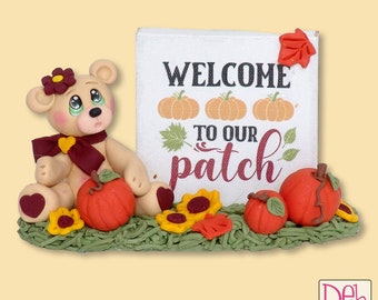 Penelope's Pumpkin Patch -Handmade Polymer Clay Collectible Bear Figurine for Fall Decor or Tiered Tray