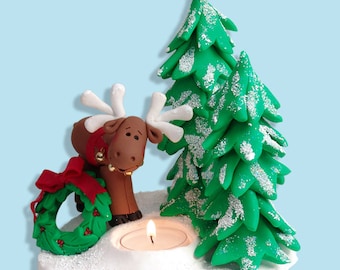 Polymer Clay Handmade Moose in Winter Tea Light / Candle