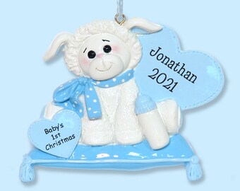 Baby's First Christmas - Little Lamb for Baby BOY - Personalized Christmas Ornament  - RESIN