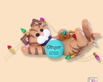 Orange Tabby  KITTY CAT w/Lights HANDMADE Polymer Clay Personalized Christmas Ornament