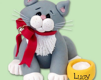 Gray & White Personalized CAT Ornament - HANDMADE Polymer Clay Personalized Kitty Christmas Ornament