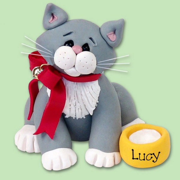 Gray & White Personalized CAT Ornament - HANDMADE Polymer Clay Personalized Kitty Christmas Ornament