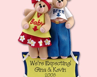 Belly Bear Pregnant / Expecting Couple HANDMADE POLYMER CLAY Personalized Christmas Ornament