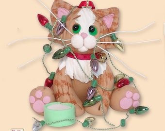 Orange Tabby  KITTY CAT HANDMADE Polymer Clay Personalized Christmas Ornament - Optional Christmas Lights