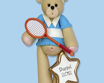 Personalized Tennis Player Male, Belly Bear TENNIS PLAYER,  Handmade Polymer Clay, Personalized Christmas Ornaments, Tennis Ornaments