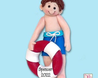 Giggle Gang BOY at the BEACH w/ Life Preserver Handmade Polymer Clay Personalized Christmas Ornament