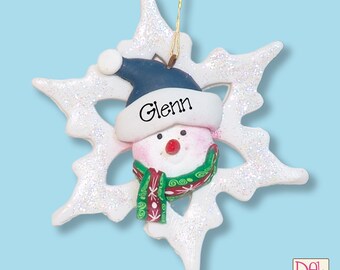 Snowman Head on Snowflake HANDMADE POLYMER CLAY Personalized Christmas Ornament