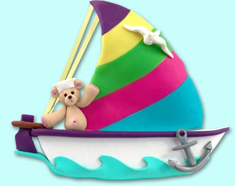 Belly Bear Family of 1 in Sailboat  Polymer Clay Personalized Christmas Ornament