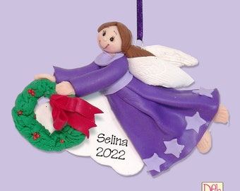 Purple Angel w/Brown Hair & Wreath HANDMADE Polymer Clay Personalized Christmas Ornament - Limited Edition