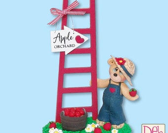 Andy's Apple Orchard - Bear with Wooden Ladder Handmade Polymer Clay Figurine Fall Decor