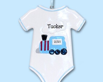 Baby's First Christmas Ornament, Onesie with Train Baby ornament for BOY, Personalized Ornaments, RESIN Baby Ornament