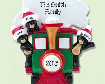 BLACK BEARS in Train Personalized Family Ornament of 3 Hand Painted RESIN