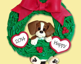 Beagle Puppy Dog Ornament in Wreath Handmade Polymer Clay - Personalized Christmas Ornament - Limited Edition