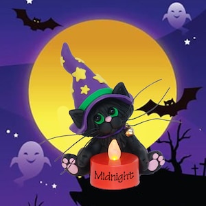 Halloween Black Cat with Orange Tea Light HANDMADE POLYMER CLAY  Halloween Figurine Decoration