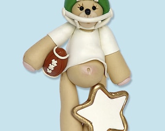 Green Football Player Bear Personalized Ornament - MATTE FINISH - Handmade Polymer Clay