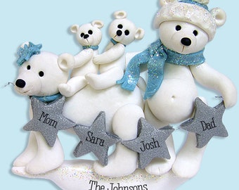 Personalized Polar Bear Family of 4 Ornament, Handmade Polymer Clay, Personalized Christmas Family Ornament