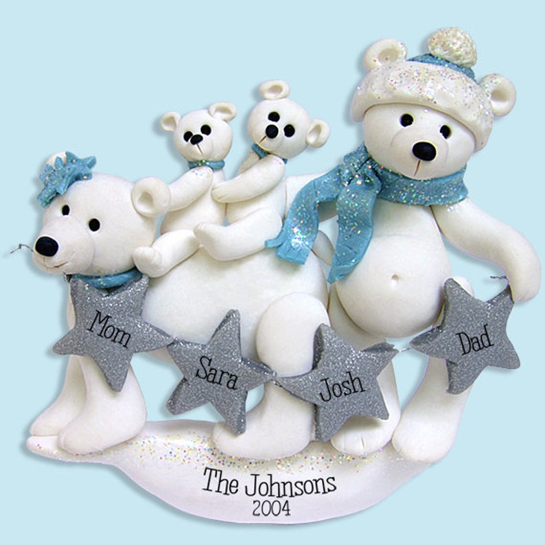 Personalized Polar Bear Family of 4 Ornament, Handmade Polymer Clay, Personalized Christmas Family Ornament image 1