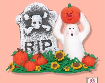 Halloween Ghost with Pumpkins and Tombstone HANDMADE POLYMER CLAY  Halloween Figurine Decoration