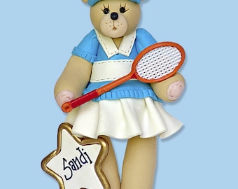 Belly Bear Girl TENNIS PLAYER Handmade Polymer Clay Personalized Christmas Ornament