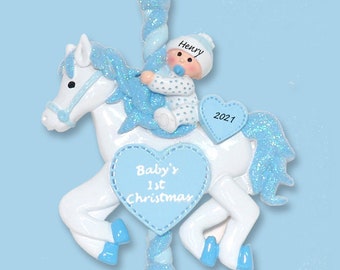 Baby's First Christmas - Baby BOY on Carousel Horse- Personalized Christmas Ornament  - RESIN