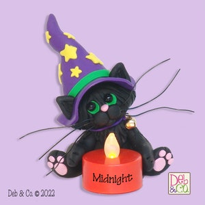 Halloween Black Cat with Orange Tea Light HANDMADE POLYMER CLAY  Halloween Figurine Decoration